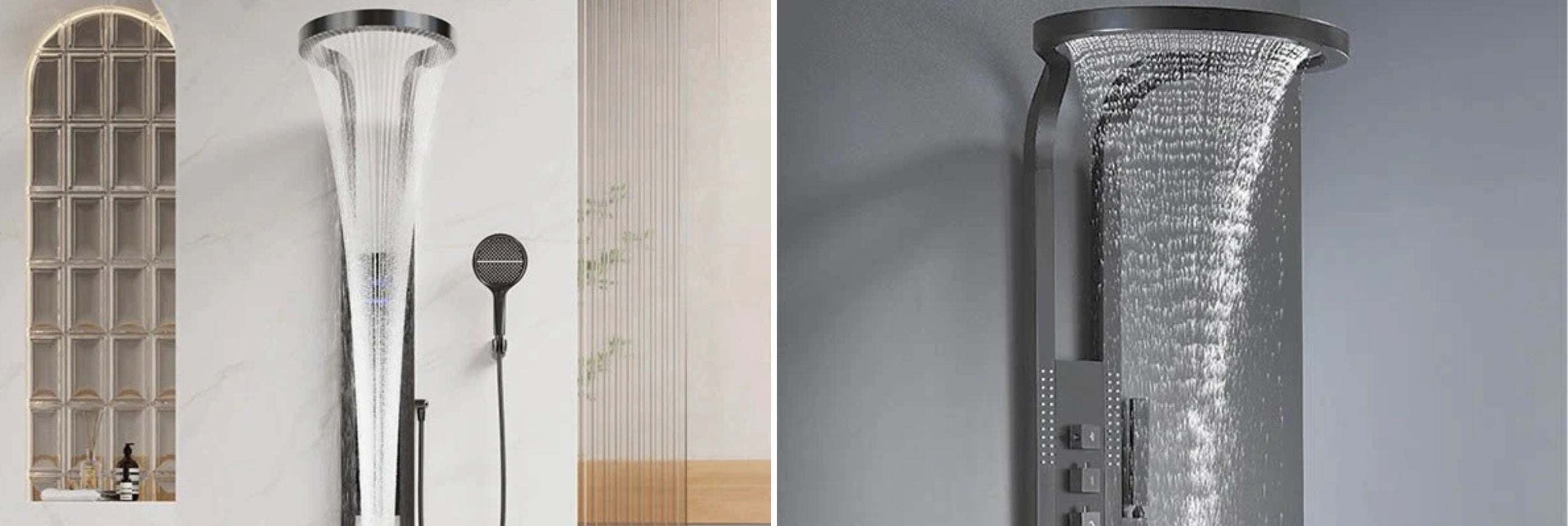 Collection of shower heads and fixtures on a neutral background