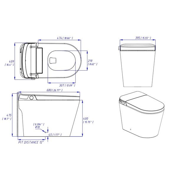 Technical drawing of an Annecy smart toilet in inches