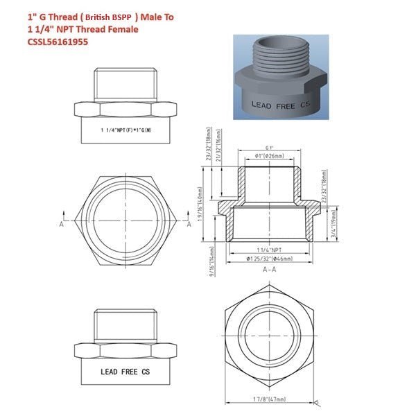 Technical drawing and photo of a plumbing fitting with thread specifications.
