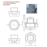 Technical drawing and photo of a plumbing fitting with thread specifications.