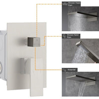 Rectangular top shower head showing rainfall and waterfall outlets
