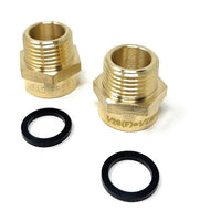 Two brass pipe fittings and two washers on a white background