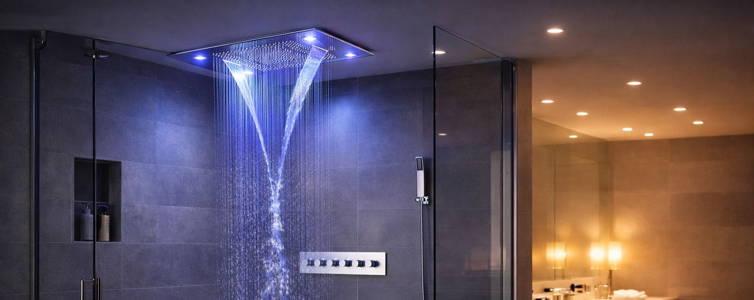 Modern shower head with waterfall effect in a bathroom setting