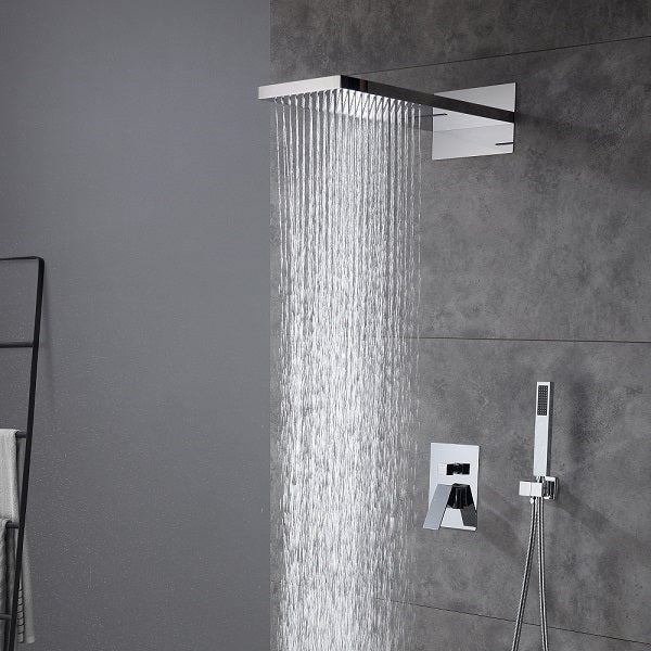 Polished chrome wall mounted shower system with rainfall and waterfall head