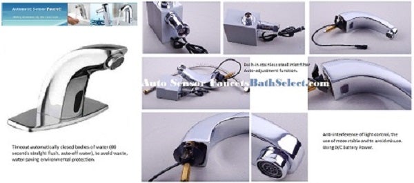 A collage of various faucet models with text of EcoMotion sensor faucet