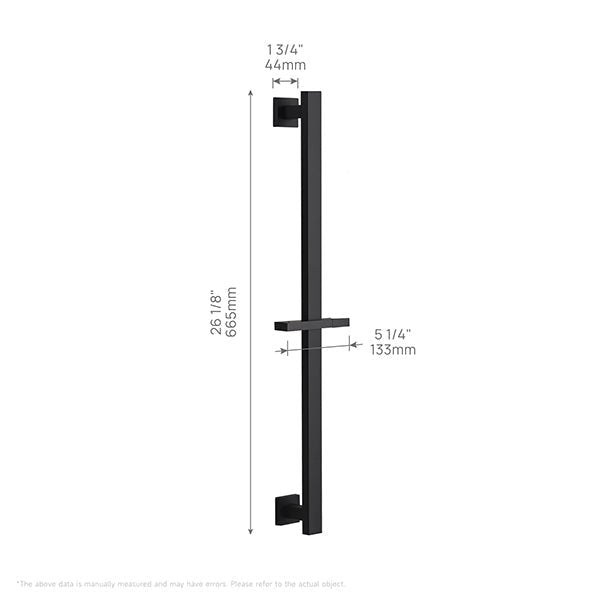 Cascada sliding shower bar dimension diagram — 26.2 inches total length 665mm wall mounted