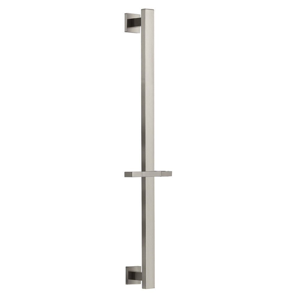 Cascada sliding shower bar, brushed nickel Finish, featuring a tall vertical bar with a horizontal crossbar in the center and square wall mounts 