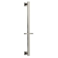 Cascada sliding shower bar, brushed nickel Finish, featuring a tall vertical bar with a horizontal crossbar in the center and square wall mounts 
