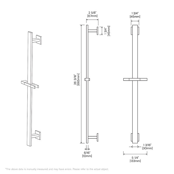 Technical dimension drawing of a wall-mounted Cascada sliding shower bart