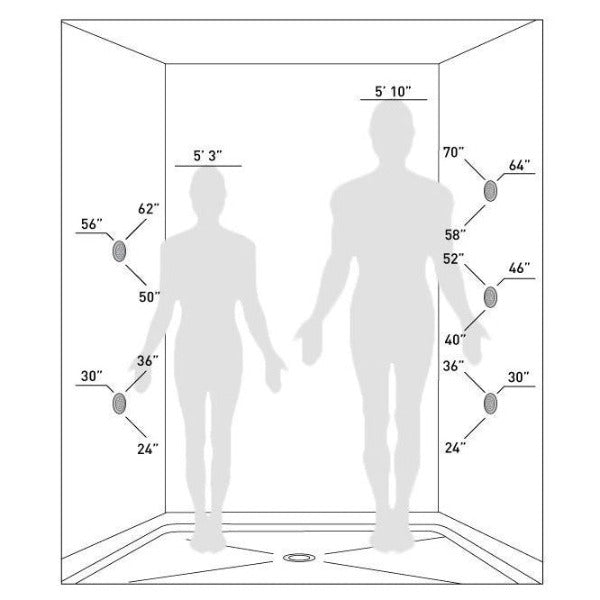Cascada body spray jet scale diagram – human figure size reference flush mount wall