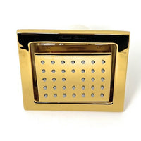 Cascada square body spray jet brushed gold finish – warm tone angled product shot