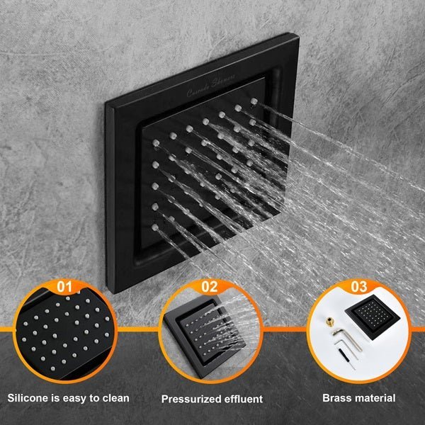 Cascada 34 nozzle matte black square body spray jet installed in wall with water flow