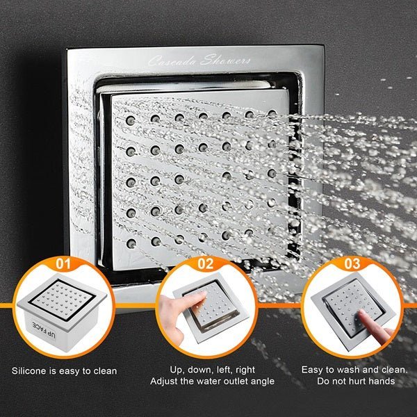 Cascada 34 nozzle Chrome square body spray jet installed in wall with water flow