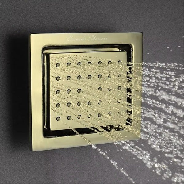 Cascada square body jet brushed gold angled close-up – warm finish nozzle detail