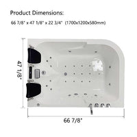 Dimensions of a hot tub with measurements labeled of Cascada Amalfi white acrylic two-person freestanding jacuzzi bathtub