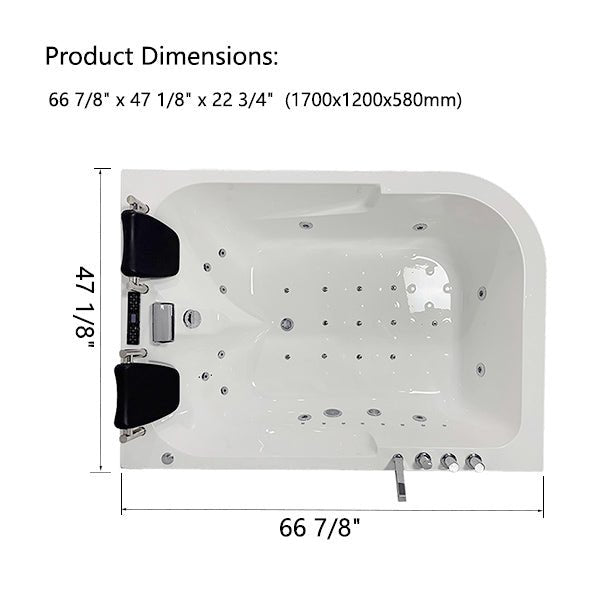 Dimensions of a hot tub with measurements labeled of Cascada Amalfi white acrylic two-person freestanding jacuzzi bathtub