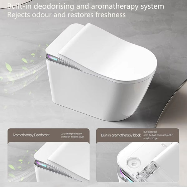 White toilet with built-in deodorizing and aromatherapy system on a gray background