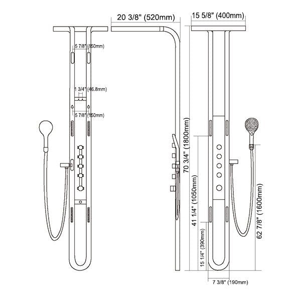 Dimensions of Cascada Aqualuxe digital shower panel system