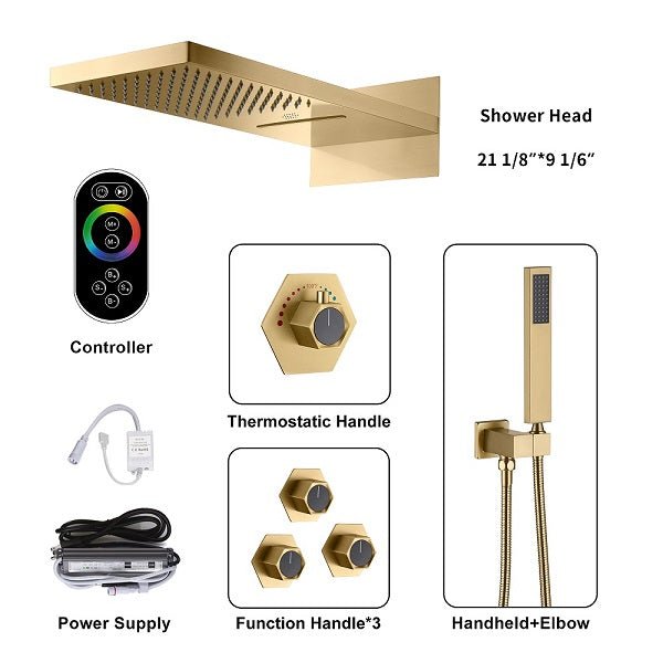 Cascada Aspen 9x22 inch LED shower system components including shower head, controller, handle, and power supply