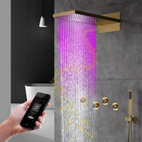 Cascada Aspen 9x22 inch LED shower system mounted on bathroom wall
