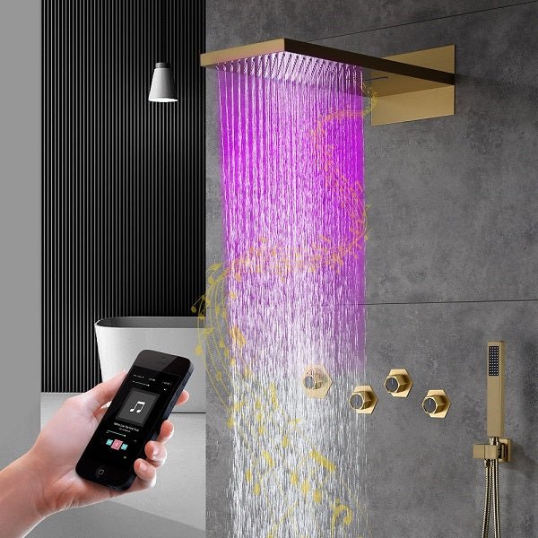 Cascada Aspen 9x22 inch LED shower system mounted on bathroom wall
