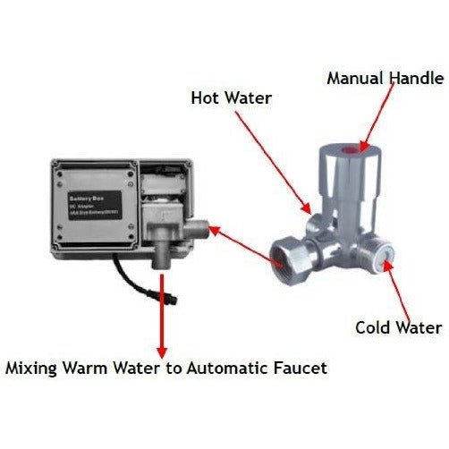 Diagram of a water mixing valve system with labeled parts 