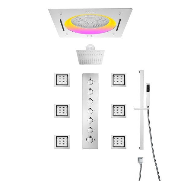 Ceiling-mounted rainfall shower in chrome with body jets and handheld spray