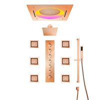 LED shower head spraying in mixed rainfall and waterfall mode