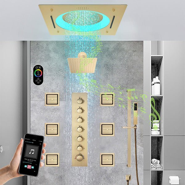 Modern shower system with LED light and digital control panel in a bathroom setting.