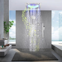 Dual rainfall and mist LED shower head with remote-controlled color lighting