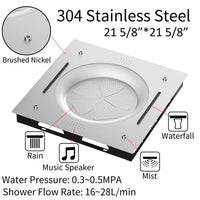 Square shower head with 304 stainless steel construction, featuring various features and specifications.