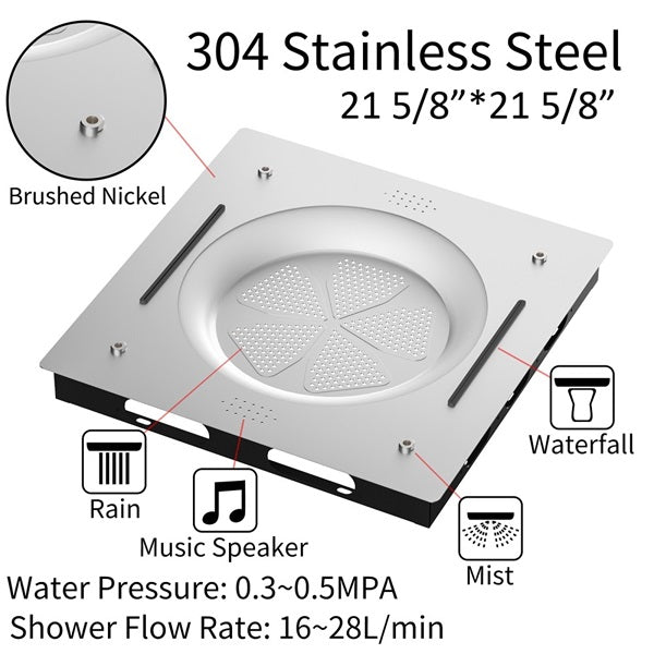 Square shower head with 304 stainless steel construction, featuring various features and specifications.