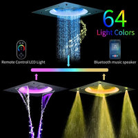 Shower head with RGB lighting and water flow, featuring a remote control and Bluetooth speaker 