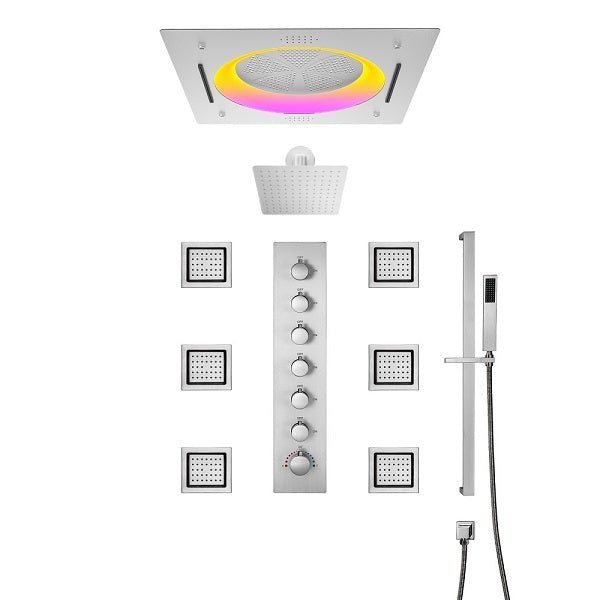 Shower system with LED light panel, rain shower head, control panel, and handheld shower 