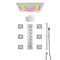 Shower system with LED light panel, rain shower head, control panel, and handheld shower 