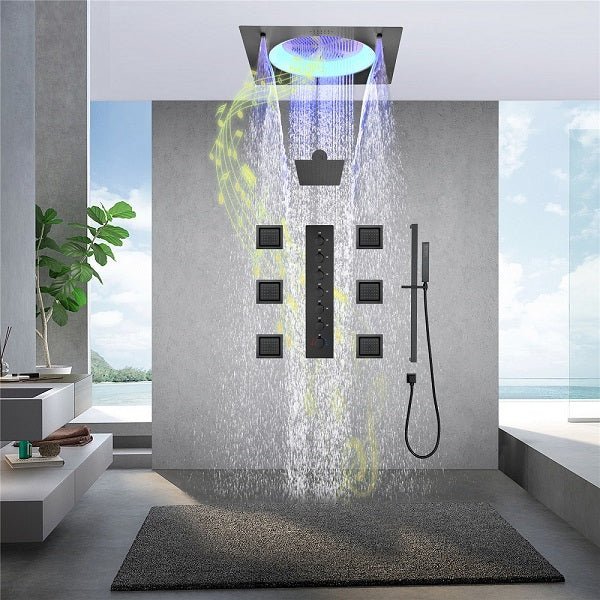 Cascada Bellagio 22-inch LED shower head with ceiling mount and waterfall spray