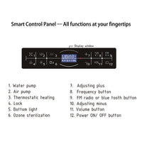 Diagram of a smart bathroom control panel with labeled buttons for water pump, air pump, heating, lights, ozone sterilization, radio or Bluetooth, volume, and power.