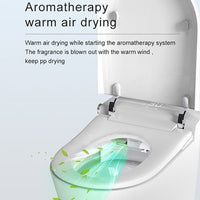 Toilet with warm air drying system and aromatherapy feature on a light gray background.