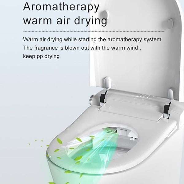 Toilet with warm air drying system and aromatherapy feature on a light gray background.