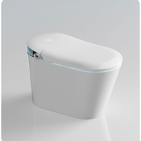 White electronic device with a glowing blue light on a gray background