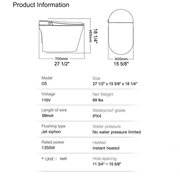 Product specifications for a device with dimensions and technical details.