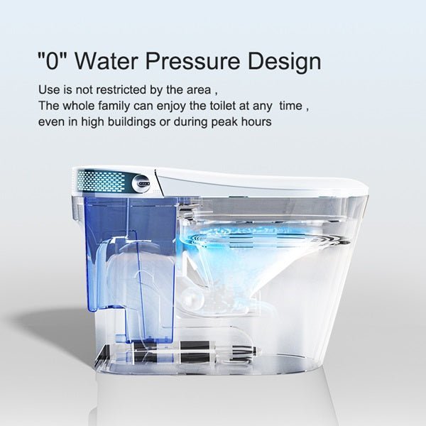 Transparent water filter with blue accents on a white background