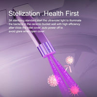 Ultraviolet light sterilization system for a toilet with text explaining its function.
