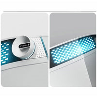 Split-screen view of a modern kitchen appliance with control panel and lighted interior.