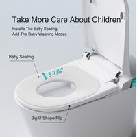 Toilet seat with baby seating feature and text about child care