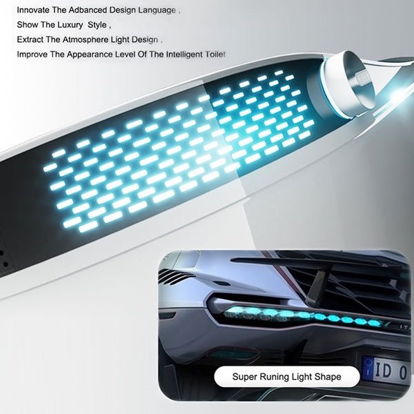 Close-up of a car's LED light with text about advanced design language and luxury style.