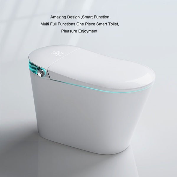 White smart toilet with blue light on a white background