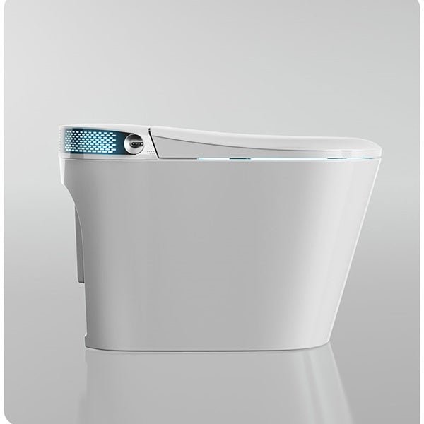 Modern white bidet toilet on a gray background