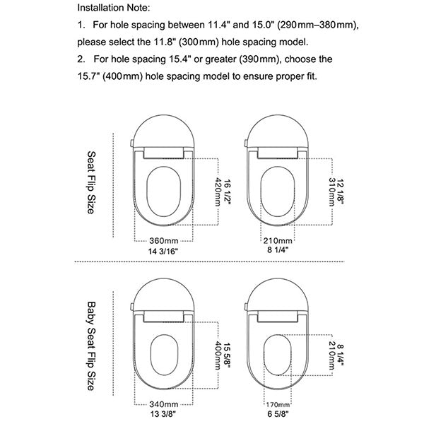 Technical diagram of toilet seat dimensions with installation notes on a white background