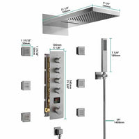 Shower system with various components and dimensions labeled on a white background